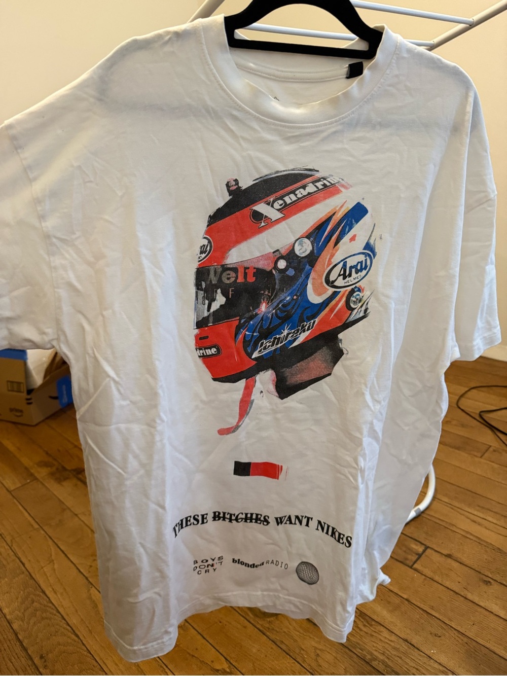 Frank Ocean White Graphic Racing Helmet Tee with Red & Blue Accents